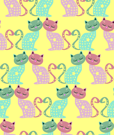 Cute seamless background with funny cats and hearts in cartoon style Vector illustration.のイラスト素材