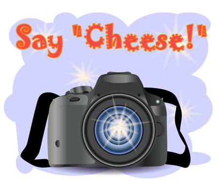 Realistic modern CAMERA on a blue background with flashes.のイラスト素材