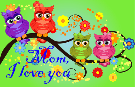 Mother's day owl. Cute illustration of happy mother and kid owl sitting on tree branchのイラスト素材