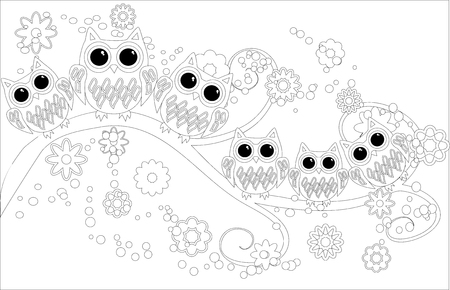 Coloring book for adult and older children. Coloring page with cute owl and floral.のイラスト素材