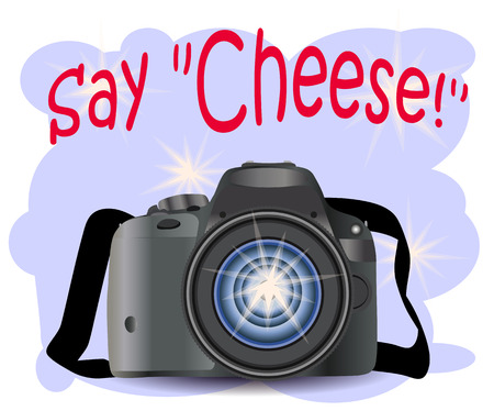 Realistic modern CAMERA on a blue background with flashes, , digital photo camera, photographer equipment. Inscription Say cheeseのイラスト素材