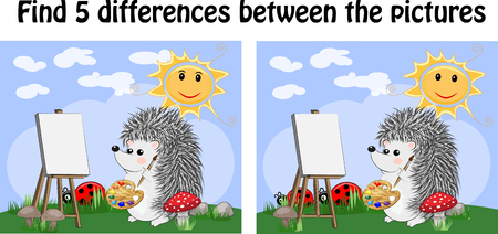 Find the differences between the pictures. A learning game for children. The hedgehog draws on an easel on a fairytale gladeのイラスト素材