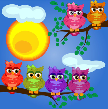 bright, cartoon, lovely, colorful owl-girls on a branch of a tree. Morning, breakfastのイラスト素材