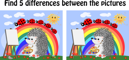 Find the differences between the pictures. Children's educational game. A hedgehog artist on a clearing with a rainbow draws on an easelのイラスト素材