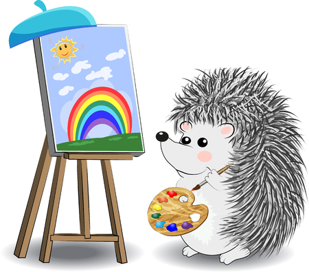 Set of design elements with hedgehog profession artist and painter tools for creative design and drawing: paint and palette, brush, easel, paper. Vector illustration cartoon character.のイラスト素材