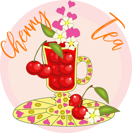 Cherry tea. Tea cooked with love. A tall glass for mulled wine with berries of cherry, decorated with leaves and flowersのイラスト素材