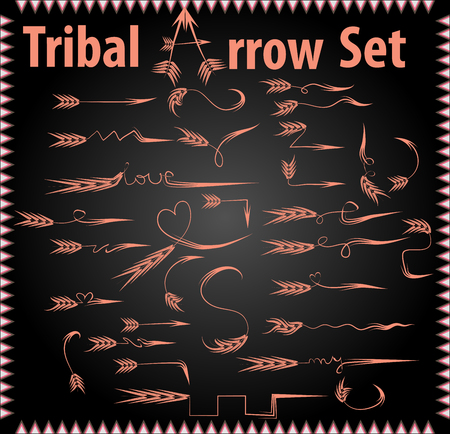Vector Tribal Arrow Signs. Large bundle of sketch hand-painted doodle arrows in old styleのイラスト素材