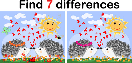 Find the differences between the pictures. Children's educational game. Hedgehogs on a sunny glade near the rainbow, ladybugsのイラスト素材