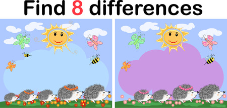 Find the differences between the pictures. Children's educational game. Hedgehogs on a sunny glade near the rainbow, ladybugsのイラスト素材
