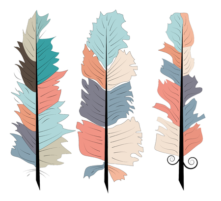 Native american indian feathers. Set of hand drawn rustic decorative feathers.のイラスト素材
