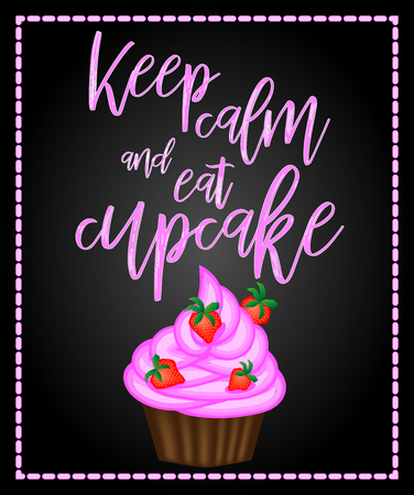 Keep calm and eat cupcakes.Different tasty desserts with berries, cream and sweet decorのイラスト素材