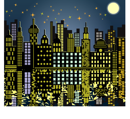 Vintage town at night. Bright moon and shooting star.のイラスト素材