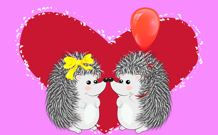 Couple of happy loving hedgehogs. Cute pair of animals dance and hug, male gives flowers to female. Love, romance and Valentine's theme.のイラスト素材
