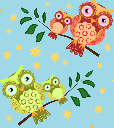 seamless pattern on the theme of family and nature. A family of owls sitting on a tree branch among flowersのイラスト素材