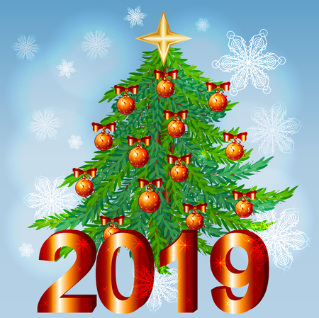 Decorated christmas tree with gift boxes, star, lights, decoration balls and lamps. Merry Christmas and a happy new year. Flat style vector illustration.のイラスト素材