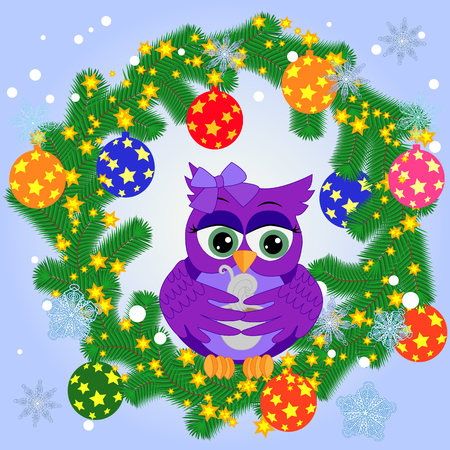 A Christmas background with owl, snowflakes, coniferous branches, decorated with balls, stars, ribbonsのイラスト素材
