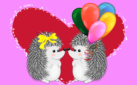 Couple of happy loving hedgehogs. Cute pair of animals dance and hug, male gives flowers to female. Love, romance and Valentine's theme.のイラスト素材