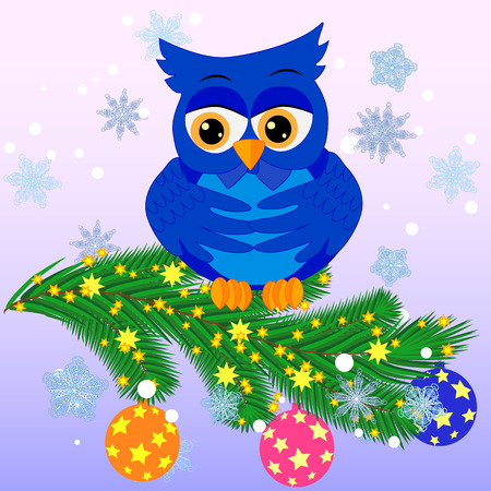 Lovely cartoon owl on a spruce branch decorated with balls, garlands. Christmas cardのイラスト素材