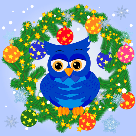 A Christmas background with owl, snowflakes, coniferous branches, decorated with balls, stars, ribbonsのイラスト素材