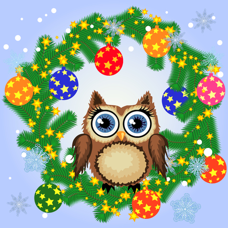 A Christmas background with owl, snowflakes, coniferous branches, decorated with balls, stars, ribbonsのイラスト素材