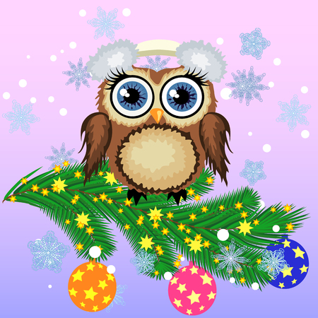 Lovely cartoon owl on a spruce branch decorated with balls, garlands. Christmas cardのイラスト素材