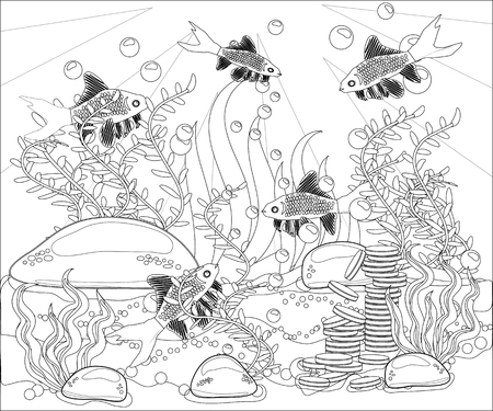 Underwater world. Anti stress coloring book for adult. Outline drawing coloring page.のイラスト素材