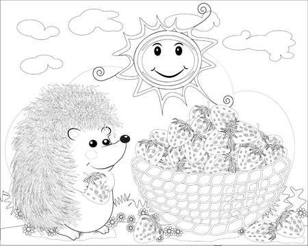 Coloring page outline of cartoon hedgehog with strawberry. coloring book for kids.のイラスト素材