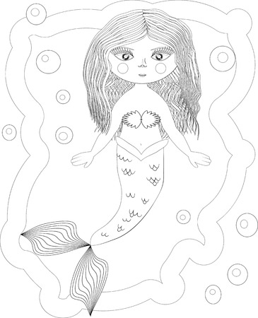Beautiful mermaid. Underwater world. Anti stress coloring book for adult. Outline drawing coloring page. Black and white in style. Sea, shells. Marine theme.のイラスト素材
