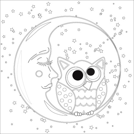 Coloring book for adult and older children. Coloring page with an owl on the moon among the stars.のイラスト素材