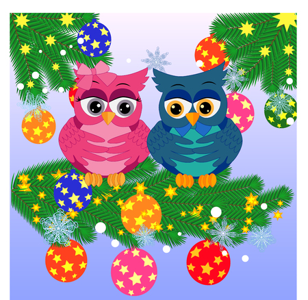 Greeting Christmas card Owl on a branch with balloonのイラスト素材