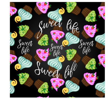 Seamless pattern with cupcakes on black background, sweet life, backgroundのイラスト素材