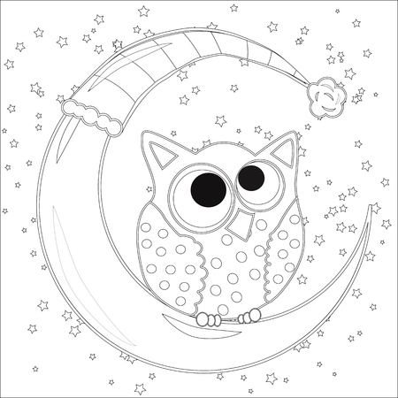 Coloring book for adult and older children. Coloring page with an owl on the moon among the stars.のイラスト素材