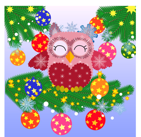 Lovely cartoon owl on a spruce branch decorated with balls, garlands. Christmas cardのイラスト素材