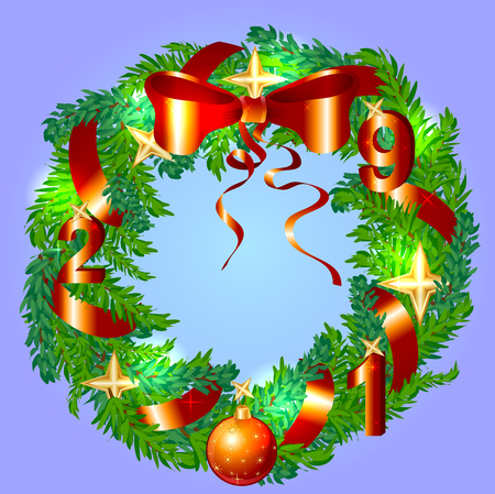 Christmas Wreath with ribbons, balls and bow isolatedのイラスト素材