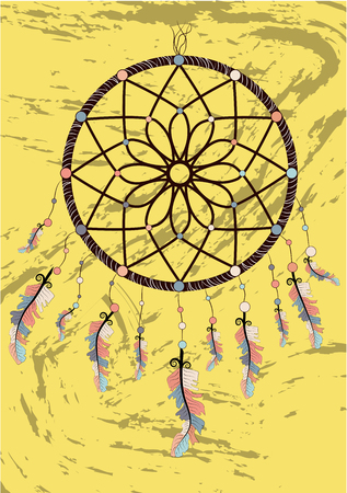 Illustration with hand drawn dream catcher. Feathers and beads. Doodle drawing.のイラスト素材