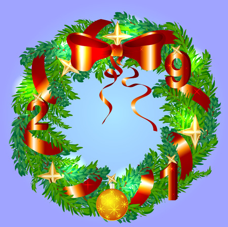 Christmas Wreath with ribbons, balls and bow isolatedのイラスト素材