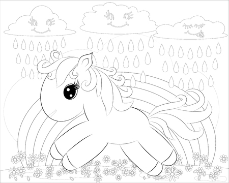 Coloring pages. Little cute pony and rainbowのイラスト素材