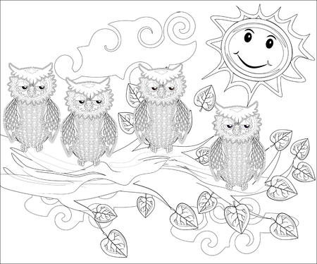 Coloring pages. Birds. Cute owl sits on the tree.のイラスト素材