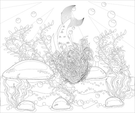 Beautiful mermaid. Underwater world. Anti stress coloring book for adult. Outline drawing coloring page.のイラスト素材