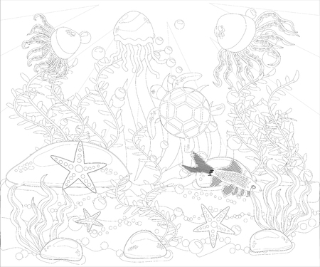 Underwater world. Anti stress coloring book for adult. Outline drawing coloring page. Sea, shells. Marine theme.のイラスト素材