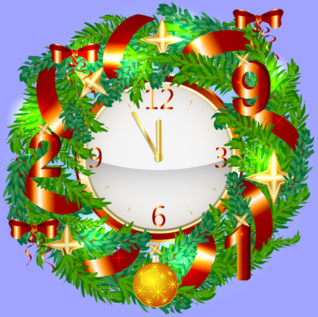 Realistic Christmas Wreath and Gold Clock Isolated on Background. Red Christmas Balls, Candy, Golden Stars, Gifts, 2019のイラスト素材