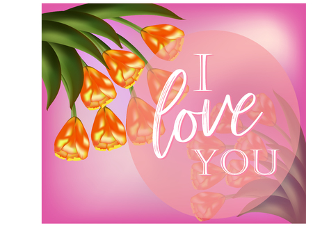 Pink floral delicate background with realistic tulips and inscriptionのイラスト素材