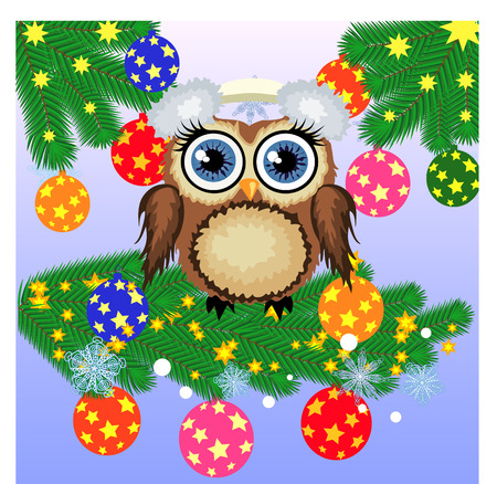 Greeting Christmas card Owl on a branch with balloonのイラスト素材