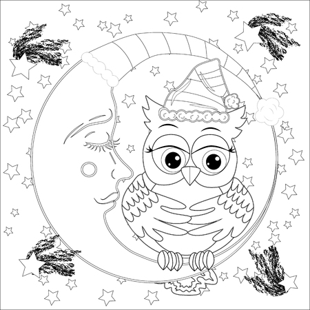 Cute owl on half moon with stars. Adult anti stress coloring book or tattoo boho style.のイラスト素材