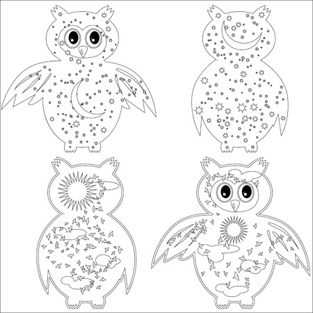 Coloring page with symbol moon, sun, owl. coloring book for adult, antistress, album, wall mural, art, tattoo. Black and white outline illustration.のイラスト素材