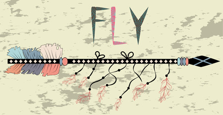 Magic symbolic art in boho style. Arrow, feather, moon, crystal, beads. Spirituality, alchemy, sacred geometry design element for invitation, tattooのイラスト素材