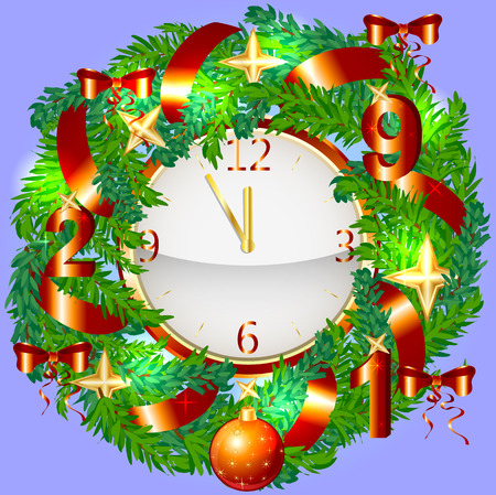 Realistic Christmas Wreath and Gold Clock Isolated on Background. Red Christmas Balls, Candy, Golden Stars, Gifts, 2019のイラスト素材