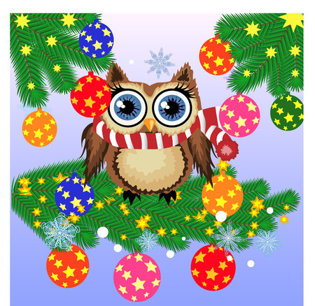 Greeting Christmas card Owl on a branch with balloonのイラスト素材