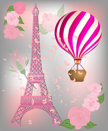Beige French Paris background with Eiffel Tower and air balloons.のイラスト素材