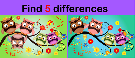 Cartoon Illustration of Find the Differences Educational Activity Game for Children with Owlsのイラスト素材